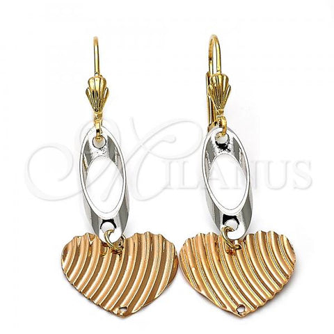 Oro Laminado Long Earring, Gold Filled Style Heart Design, Diamond Cutting Finish, Tricolor, 5.096.013