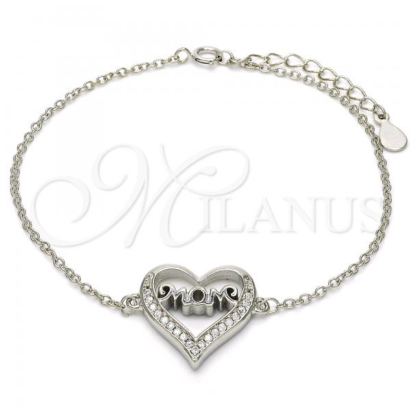 Sterling Silver Fancy Bracelet, Heart and Mom Design, with White Cubic Zirconia, Polished, Rhodium Finish, 03.336.0038.07