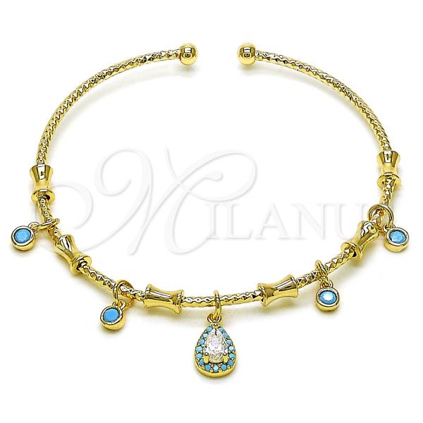 Oro Laminado Individual Bangle, Gold Filled Style Teardrop Design, with Turquoise and White Cubic Zirconia, Diamond Cutting Finish, Golden Finish, 07.60.0021