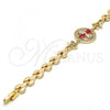 Oro Laminado Fancy Bracelet, Gold Filled Style Flower Design, with Ruby and White Cubic Zirconia, Polished, Golden Finish, 03.210.0044.4.08