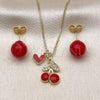 Oro Laminado Earring and Pendant Adult Set, Gold Filled Style Cherry and Heart Design, with White Micro Pave, Red Enamel Finish, Golden Finish, 10.417.0029