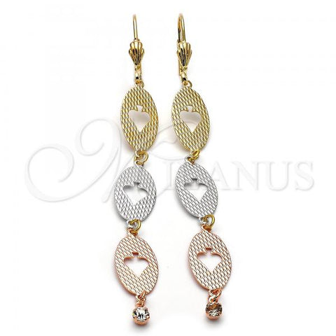 Oro Laminado Long Earring, Gold Filled Style Leaf Design, with White Cubic Zirconia, Diamond Cutting Finish, Tricolor, 5.097.008