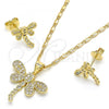 Oro Laminado Earring and Pendant Adult Set, Gold Filled Style Dragon-Fly Design, with White Micro Pave, Polished, Golden Finish, 10.156.0148