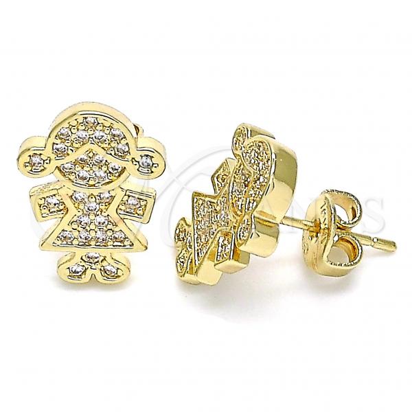 Oro Laminado Stud Earring, Gold Filled Style Little Girl Design, with White Micro Pave, Polished, Golden Finish, 02.156.0419