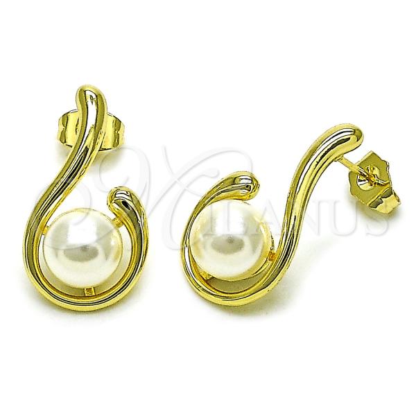 Oro Laminado Stud Earring, Gold Filled Style Ball Design, with Ivory Pearl, Polished, Golden Finish, 02.156.0691