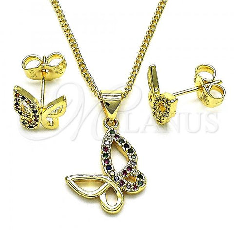 Oro Laminado Earring and Pendant Adult Set, Gold Filled Style Butterfly Design, with Multicolor Micro Pave, Polished, Golden Finish, 10.156.0452.1