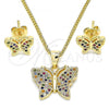Oro Laminado Earring and Pendant Adult Set, Gold Filled Style Butterfly Design, with Multicolor Micro Pave, Polished, Golden Finish, 10.156.0248.3