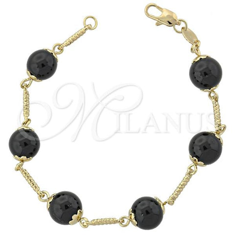 Oro Laminado Fancy Bracelet, Gold Filled Style Ball Design, with Black Opal, Diamond Cutting Finish, Golden Finish, 03.63.1159.07