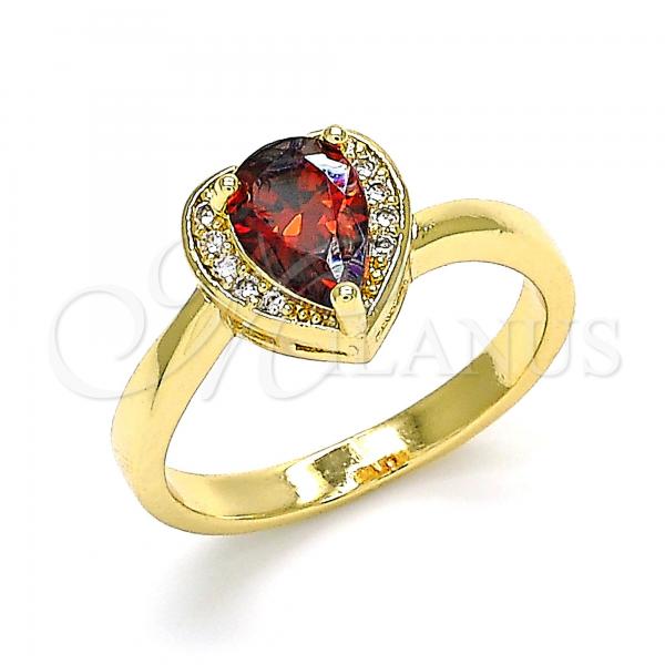 Oro Laminado Multi Stone Ring, Gold Filled Style Heart and Teardrop Design, with Garnet and White Cubic Zirconia, Polished, Golden Finish, 01.210.0130.2.08