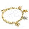 Oro Laminado Charm Bracelet, Gold Filled Style Butterfly and Hollow Design, Diamond Cutting Finish, Tricolor, 03.63.1816.1.08