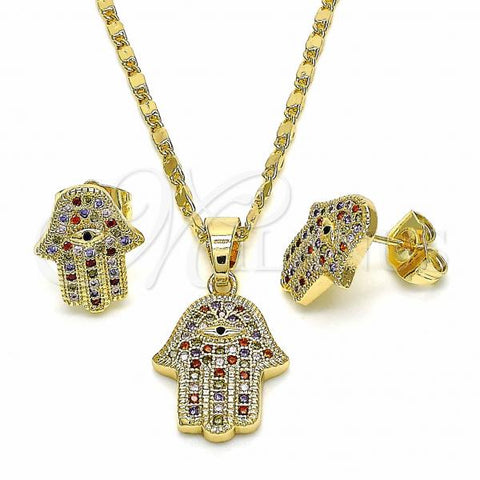 Oro Laminado Earring and Pendant Adult Set, Gold Filled Style Hand of God Design, with Multicolor Micro Pave, Polished, Golden Finish, 10.316.0051