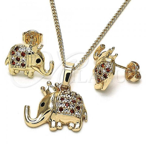 Oro Laminado Earring and Pendant Adult Set, Gold Filled Style Elephant Design, with Garnet and White Micro Pave, Polished, Golden Finish, 10.26.0022.3