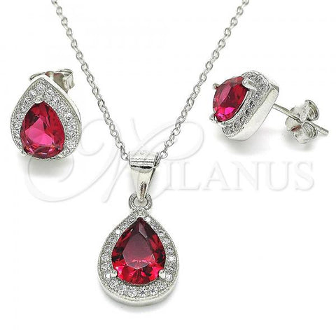 Sterling Silver Earring and Pendant Adult Set, Teardrop Design, with Ruby Cubic Zirconia and White Micro Pave, Polished, Rhodium Finish, 10.175.0072.3
