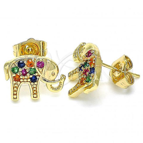 Oro Laminado Stud Earring, Gold Filled Style Elephant Design, with Multicolor Micro Pave, Polished, Golden Finish, 02.210.0405.1