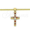 Oro Laminado Pendant Necklace, Gold Filled Style Cross Design, with Garnet and White Cubic Zirconia, Polished, Golden Finish, 04.284.0007.1.22