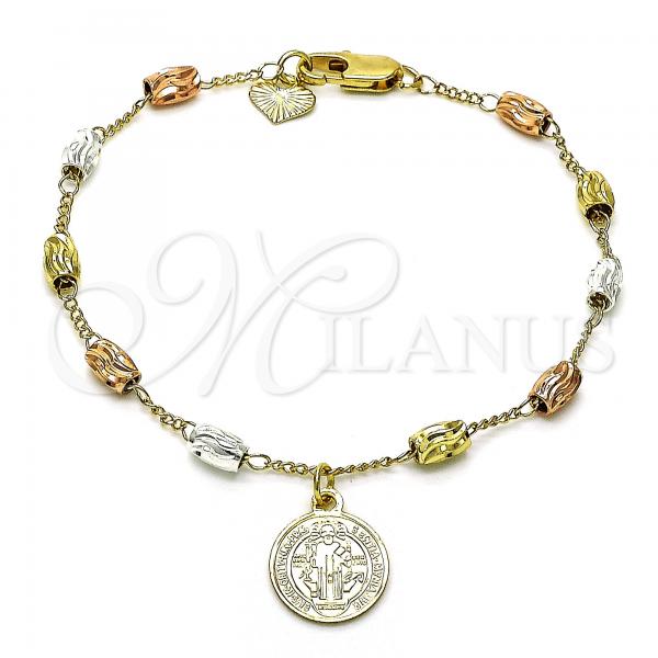 Oro Laminado Charm Bracelet, Gold Filled Style San Benito Design, Diamond Cutting Finish, Tricolor, 03.351.0158.08