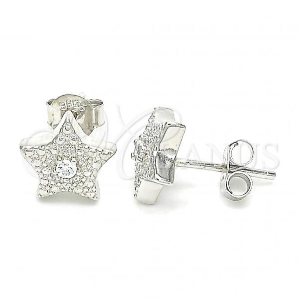 Sterling Silver Stud Earring, Star Design, with White Cubic Zirconia, Polished, Rhodium Finish, 02.369.0037