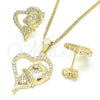 Oro Laminado Earring and Pendant Adult Set, Gold Filled Style Heart and Flower Design, with White Cubic Zirconia, Polished, Golden Finish, 10.199.0151