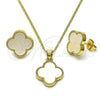 Oro Laminado Earring and Pendant Adult Set, Gold Filled Style Four-leaf Clover Design, with Ivory Mother of Pearl, Polished, Golden Finish, 10.283.0021.1