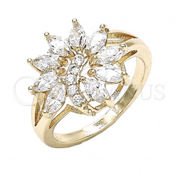 Oro Laminado Multi Stone Ring, Gold Filled Style Flower Design, with White Cubic Zirconia, Polished, Golden Finish, 01.210.0097.08 (Size 8)