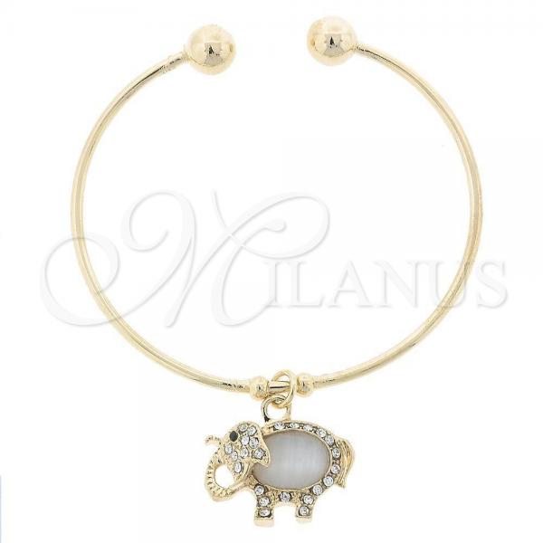 Oro Laminado Individual Bangle, Gold Filled Style Elephant and Ball Design, with Dark Champagne Opal and White Crystal, Polished, Golden Finish, 07.63.0107 (02 MM Thickness, One size fits all)