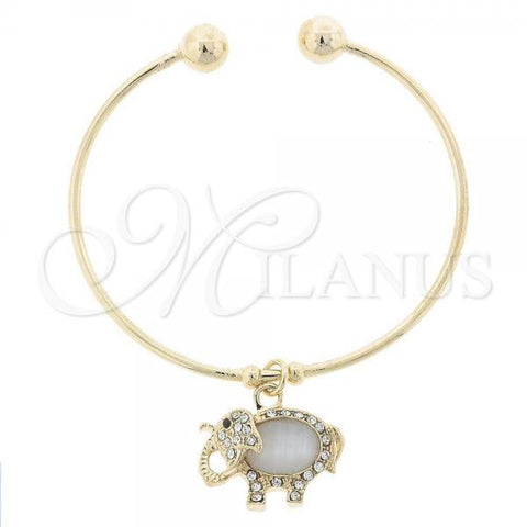 Oro Laminado Individual Bangle, Gold Filled Style Elephant and Ball Design, with Dark Champagne Opal and White Crystal, Polished, Golden Finish, 07.63.0107 (02 MM Thickness, One size fits all)