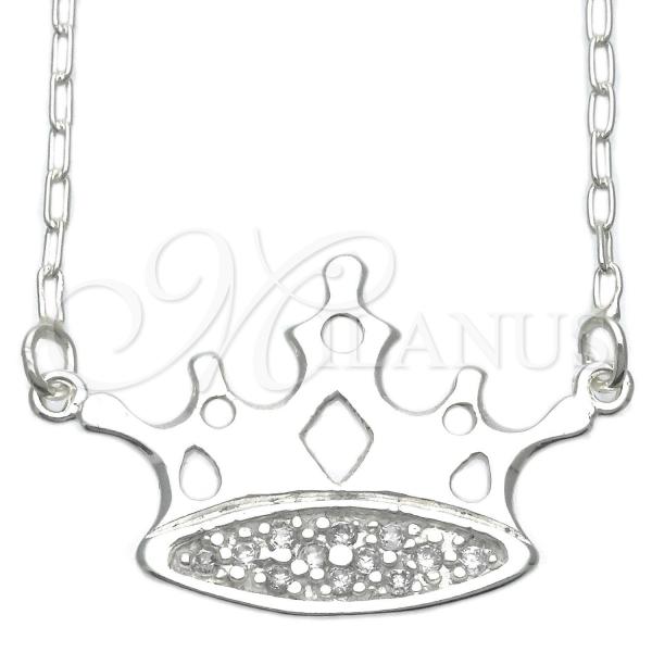 Sterling Silver Pendant Necklace, Crown Design, with White Cubic Zirconia, Silver Finish, 04.203.0008.18