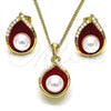 Oro Laminado Earring and Pendant Adult Set, Gold Filled Style Teardrop Design, with Ivory Pearl, Red Enamel Finish, Golden Finish, 10.379.0055