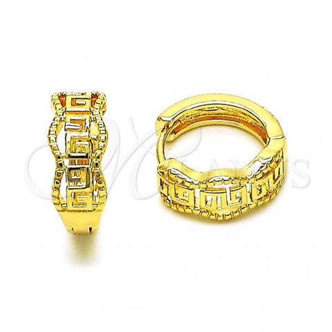 Oro Laminado Huggie Hoop, Gold Filled Style Greek Key Design, Diamond Cutting Finish, Golden Finish, 02.195.0183.15