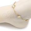 Oro Laminado Fancy Anklet, Gold Filled Style Four-leaf Clover and Paperclip Design, Diamond Cutting Finish, Golden Finish, 03.319.0016.10