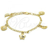 Oro Laminado Charm Bracelet, Gold Filled Style Sun and Star Design, Polished, Golden Finish, 03.63.2022.08