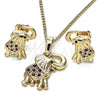 Oro Laminado Earring and Pendant Adult Set, Gold Filled Style Elephant Design, with Garnet and White Micro Pave, Polished, Golden Finish, 10.26.0021.3