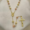 Oro Laminado Medium Rosary, Gold Filled Style Jesus and Crucifix Design, Polished, Tricolor, 09.253.0055.26