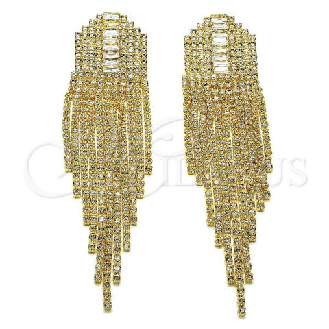 Oro Laminado Long Earring, Gold Filled Style Baguette Design, with White Cubic Zirconia and White Crystal, Polished, Golden Finish, 02.268.0121