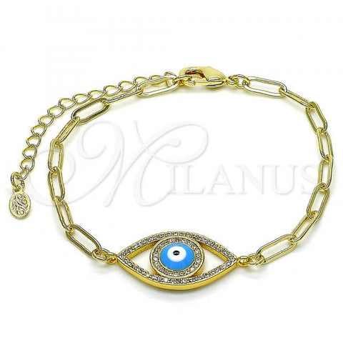 Oro Laminado Fancy Bracelet, Gold Filled Style Evil Eye and Paperclip Design, with White Micro Pave, Blue Enamel Finish, Golden Finish, 03.341.0029.08