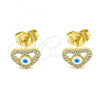 Oro Laminado Stud Earring, Gold Filled Style Evil Eye and Heart Design, with White Micro Pave, White Enamel Finish, Golden Finish, 02.156.0591