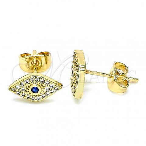 Oro Laminado Stud Earring, Gold Filled Style Evil Eye Design, with Sapphire Blue and White Micro Pave, Polished, Golden Finish, 02.344.0056