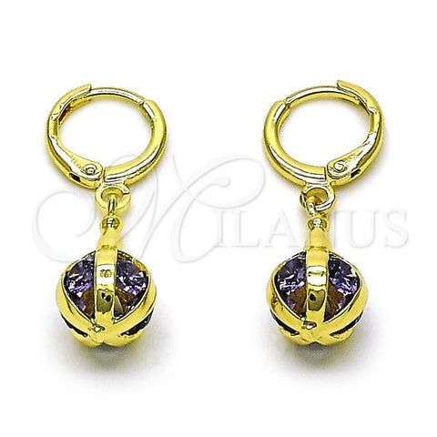 Oro Laminado Dangle Earring, Gold Filled Style Ball Design, with Amethyst Cubic Zirconia, Polished, Golden Finish, 02.357.0074.3