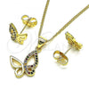 Oro Laminado Earring and Pendant Adult Set, Gold Filled Style Butterfly Design, with Multicolor Micro Pave, Polished, Golden Finish, 10.156.0452.1