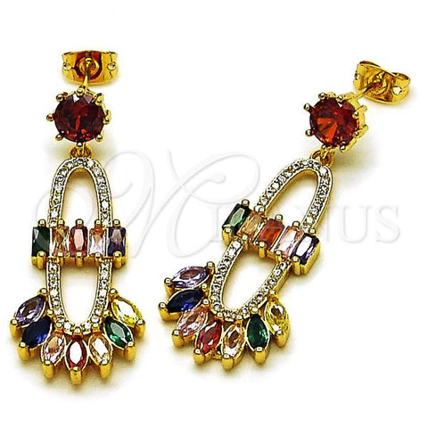Oro Laminado Long Earring, Gold Filled Style with Multicolor Cubic Zirconia and White Micro Pave, Polished, Golden Finish, 02.282.0077
