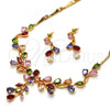 Oro Laminado Necklace and Earring, Gold Filled Style Flower and Leaf Design, with Multicolor Cubic Zirconia, Polished, Golden Finish, 06.205.0004.1