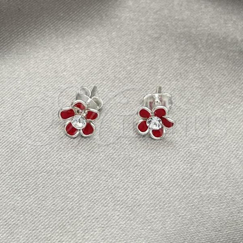 Sterling Silver Stud Earring, Flower Design, Red Enamel Finish, Silver Finish, 02.406.0005.02