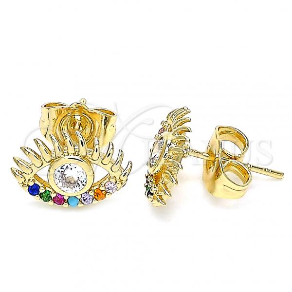 Oro Laminado Stud Earring, Gold Filled Style Evil Eye Design, with White Cubic Zirconia and Multicolor Micro Pave, Polished, Golden Finish, 02.210.0463.1