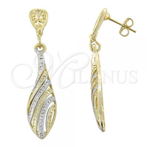 Oro Laminado Dangle Earring, Gold Filled Style Teardrop Design, Diamond Cutting Finish, Two Tone, 02.55.0015