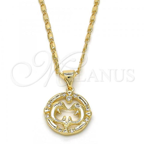 Oro Laminado Pendant Necklace, Gold Filled Style Dolphin Design, with White Cubic Zirconia, Polished, Golden Finish, 04.156.0154.20