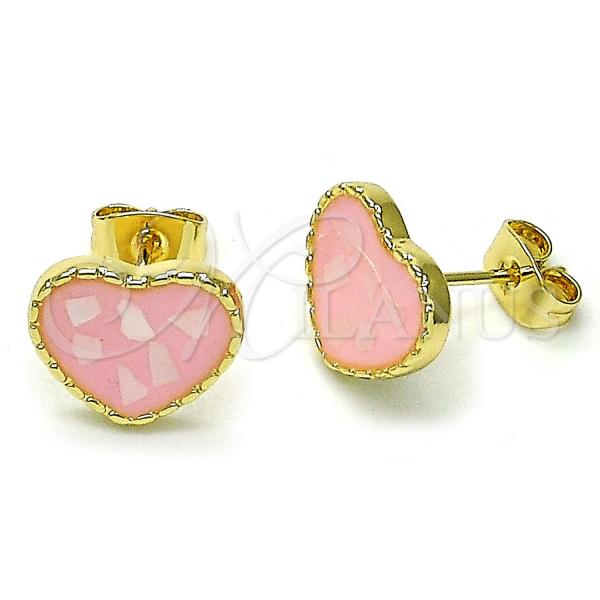 Oro Laminado Stud Earring, Gold Filled Style Heart Design, with Ivory Mother of Pearl, Pink Enamel Finish, Golden Finish, 02.411.0024.1