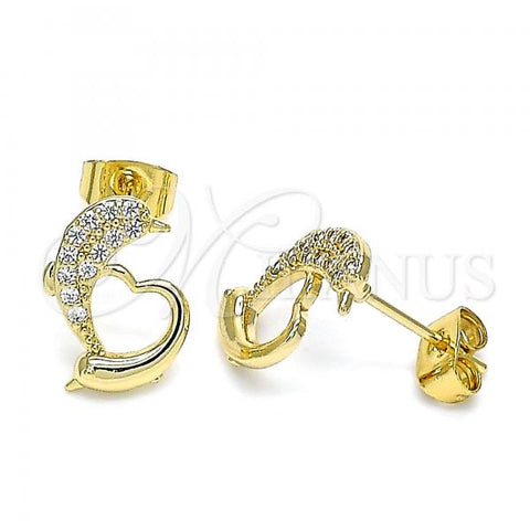 Oro Laminado Stud Earring, Gold Filled Style Dolphin and Heart Design, with White Micro Pave, Polished, Golden Finish, 02.344.0120
