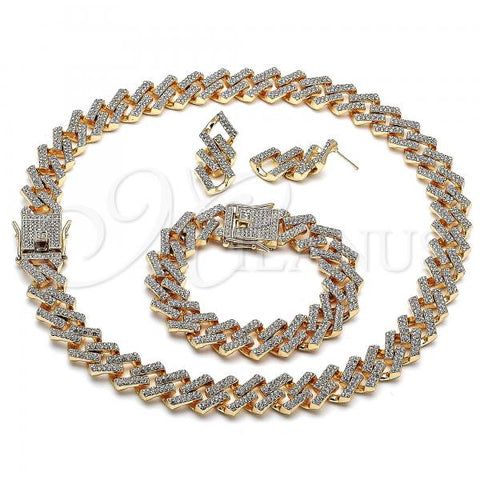 Oro Laminado Necklace, Bracelet and Earring, Gold Filled Style Miami Cuban Design, with White Crystal, Polished, Golden Finish, 06.372.0026