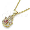 Oro Laminado Pendant Necklace, Gold Filled Style Hand of God Design, with Ruby and White Micro Pave, Polished, Golden Finish, 04.156.0416.20