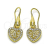 Oro Laminado Dangle Earring, Gold Filled Style Heart and Guadalupe Design, with White Cubic Zirconia, Polished, Golden Finish, 02.253.0091